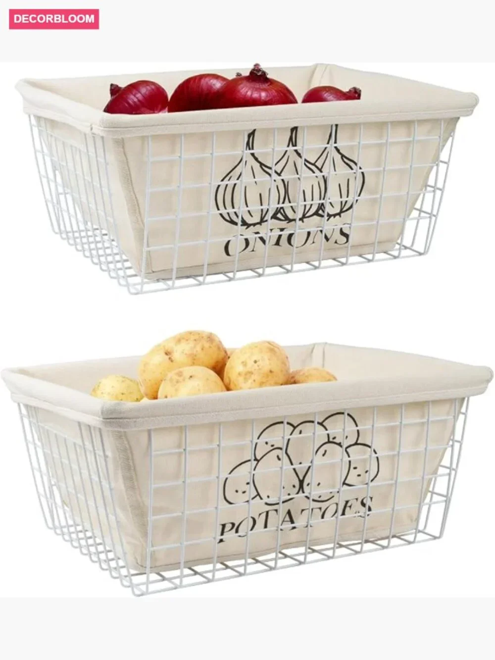 Potato and Onion Storage Baskets, Metal Wire with Cotton Lining, Kitchen Pantry